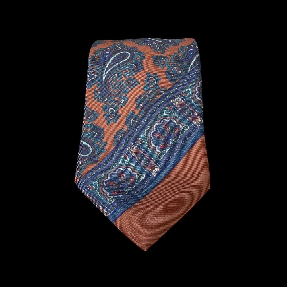 Mallory & Church London Mens Silk Tie Rust Orange Blue Paisley Floral Border 57"